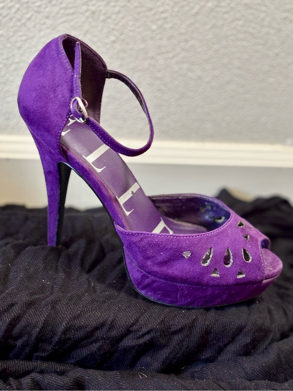 Elle Purple Suede Peep-Toe Platform Heel with Ankle Strap
